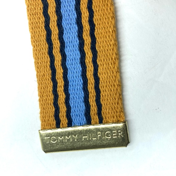 Tommy Hilfiger Canvas Ratchet Gold Buckle Belt yellow Blue Striped Ajustable - Picture 3 of 16